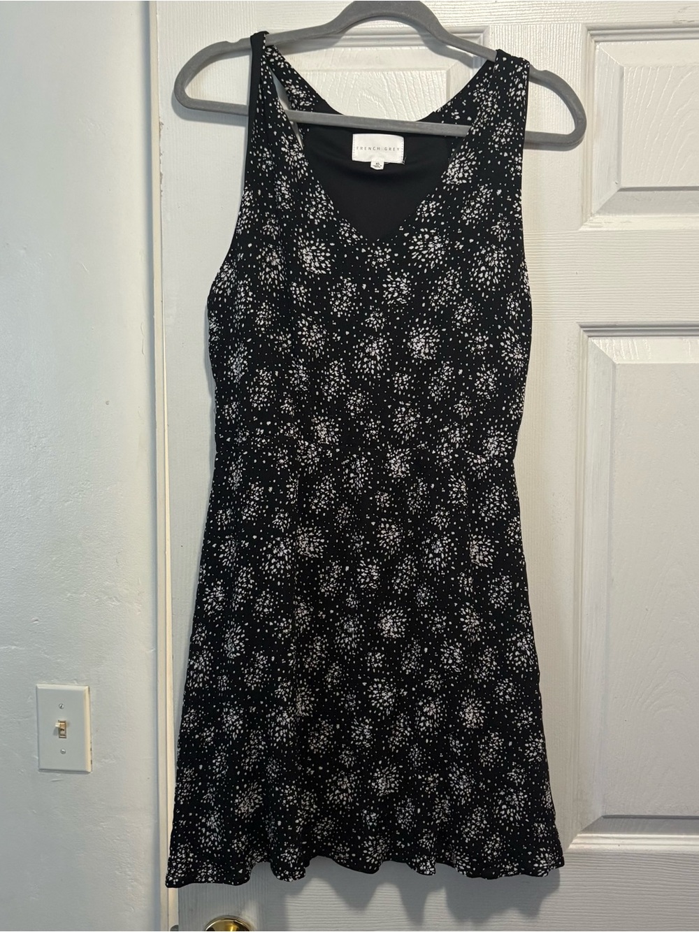 French Grey Black Sleeveless V-Neck Mini Dress with White Dot Scatter